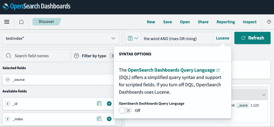 在 OpenSearch Dashboards Discover 中使用查询字符串语法